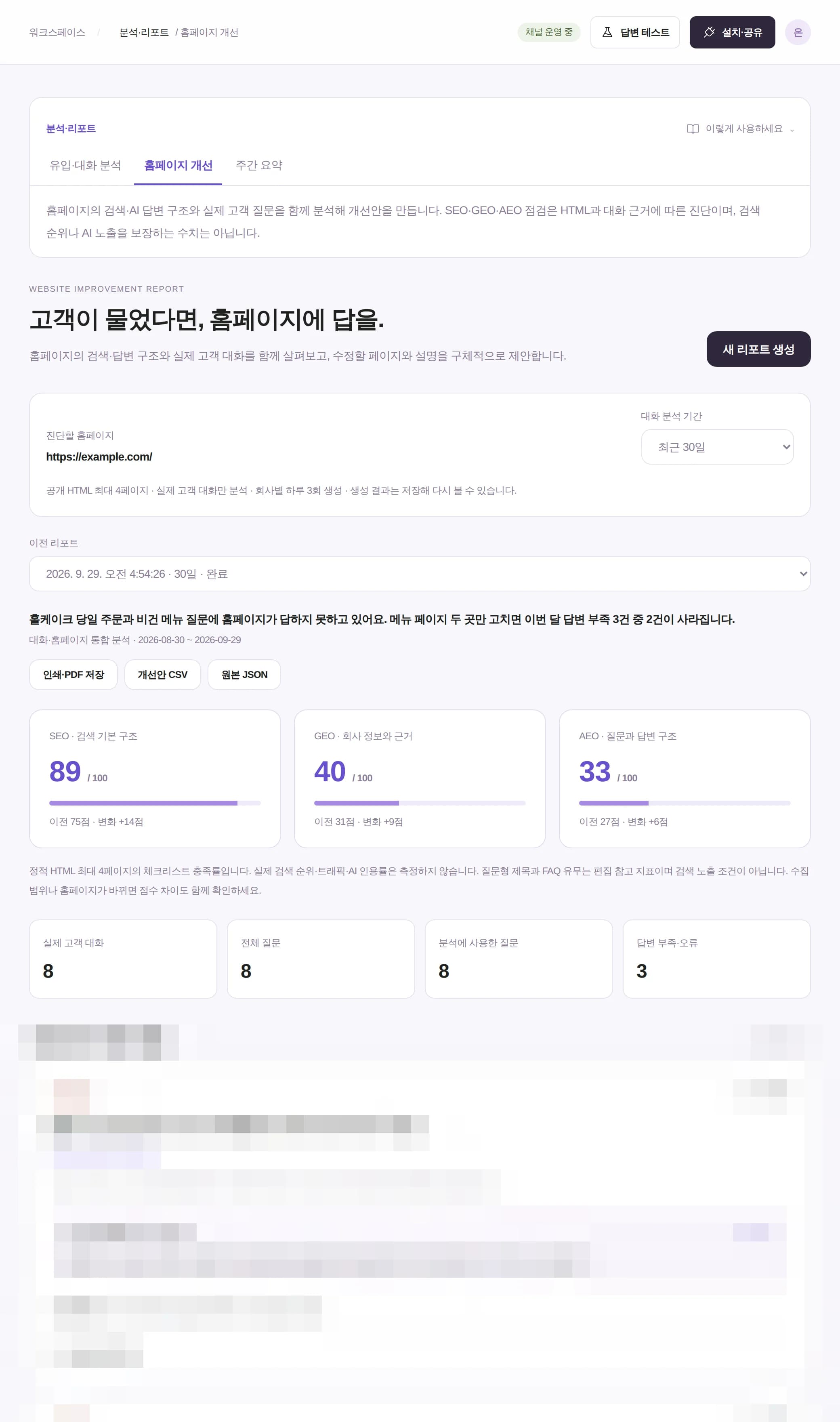 온기 베이커리카페 홈페이지 개선 리포트 관리자 화면. SEO·GEO·AEO 점수와 개선 과제 목록, 세부 문구는 흐림 처리