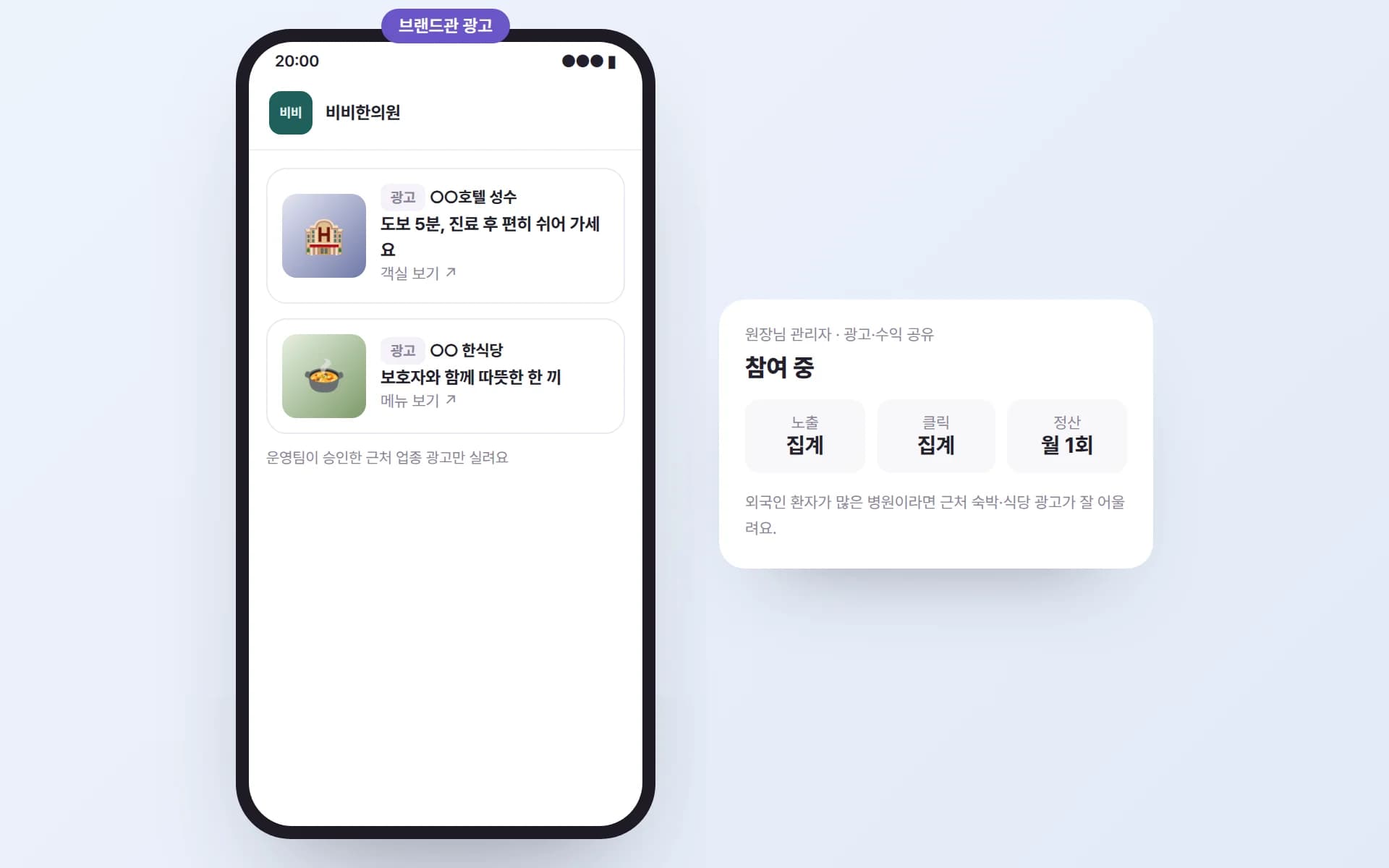 비비한의원 브랜드관에 ‘광고’ 표시가 붙은 근처 호텔과 한식당 광고가 실리고, 원장님 관리자에 광고·수익 공유 참여 화면이 보이는 예시