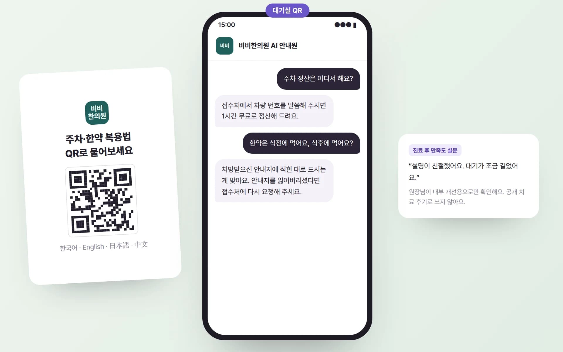 대기실의 ‘주차·한약 복용법 QR로 물어보세요’ 카드와 주차 정산·한약 복용 질문에 답하는 채팅, 그리고 내부 확인용 진료 후 만족도 설문 카드 예시